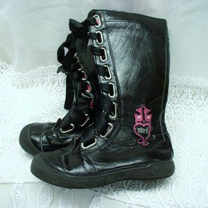 MIM-PI girls black boots pink logo PINK LINING satin ribbon lace up SIDE ZIP